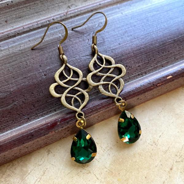 Art Nouveau earrings with emerald tone glass pendants, Selma Dreams