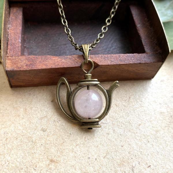 Teapot necklace with a rose quartz crystal pearl, Alice in Wonderland inspired, rose quartz necklace, fun necklace, whimsical fun, gemstone