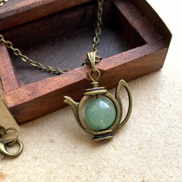 Teapot necklace with a green aventurine crystal pearl, Alice in Wonderland inspired, green aventurine necklace, fun necklace, whimsical fun