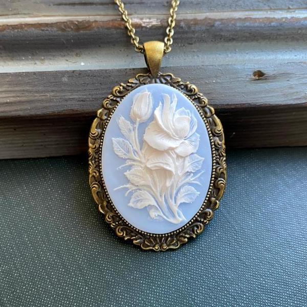 Blue Floral Cameo Necklace, Victorian Jewelry, Vintage Inspired Necklace, Gift for Mom, Gift for Wife, Gift for Her, Anniversary Gifts