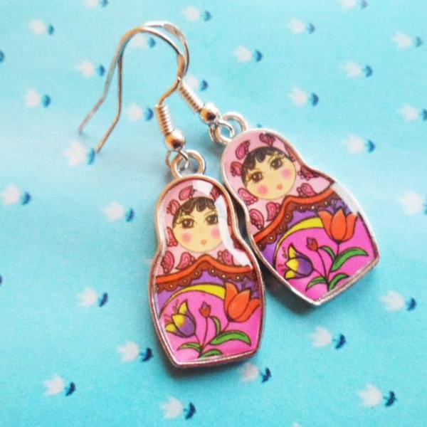Whimsical Russian nesting doll earrings with sterling silver hooks, 4 colours, bohemian matryoshka jewelry, Selma Dreams kitsch