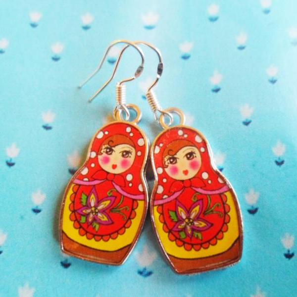 Whimsical Russian nesting doll earrings with sterling silver hooks, bohemian matryoshka jewelry, Selma Dreams kitsch