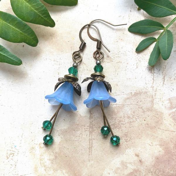Blue bell flower earrings with turquoise glass beads
